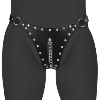 PU Leren Chastity Thong met Keten Detail - Zwart